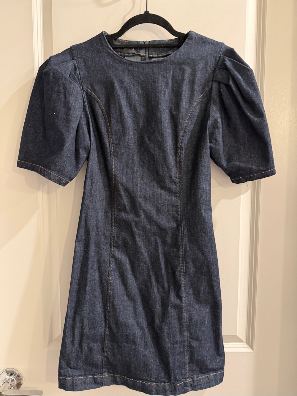 Zara Dark Blue Denim Puff-Sleeve Mini Dress